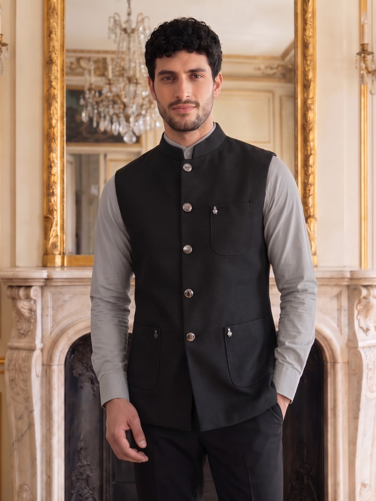 Premium Pebble Knit Bandi Jacket with Patch Pockets