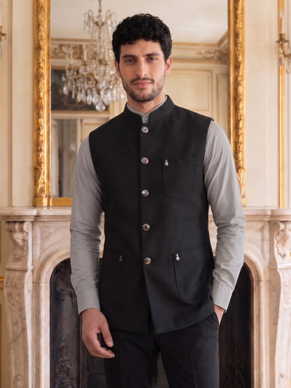 Premium Pebble Knit Bandi Jacket with Patch Pockets