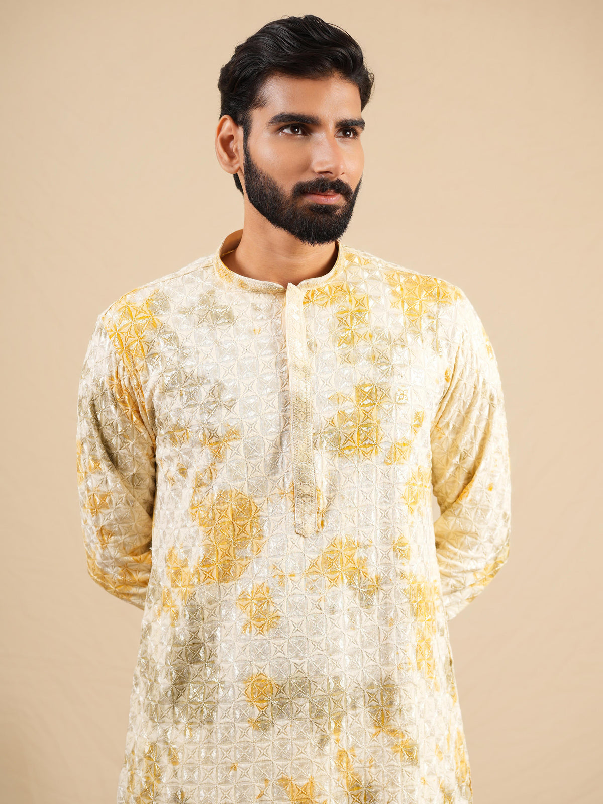 Men's Off White & Yellow Rayon Threadwork Embroidered Kurta Set