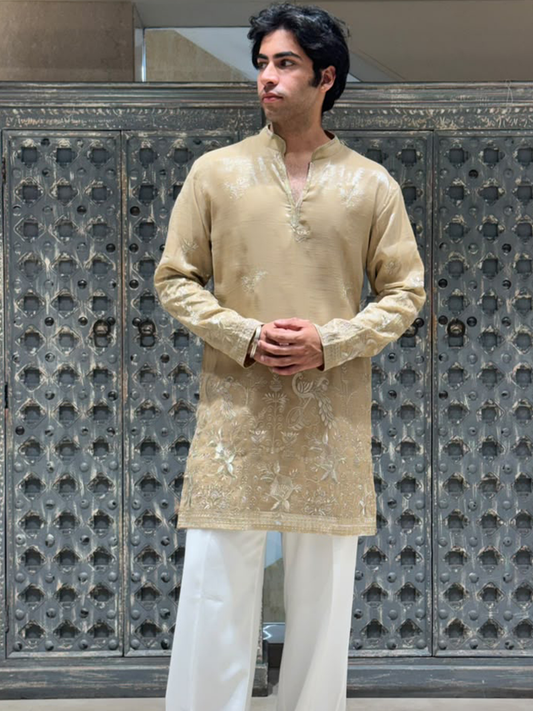 Beige Shimmer Organza Short Kurta Set with Jari Embroidery