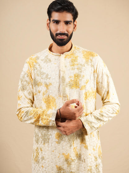 Men's Off White & Yellow Rayon Threadwork Embroidered Kurta Set