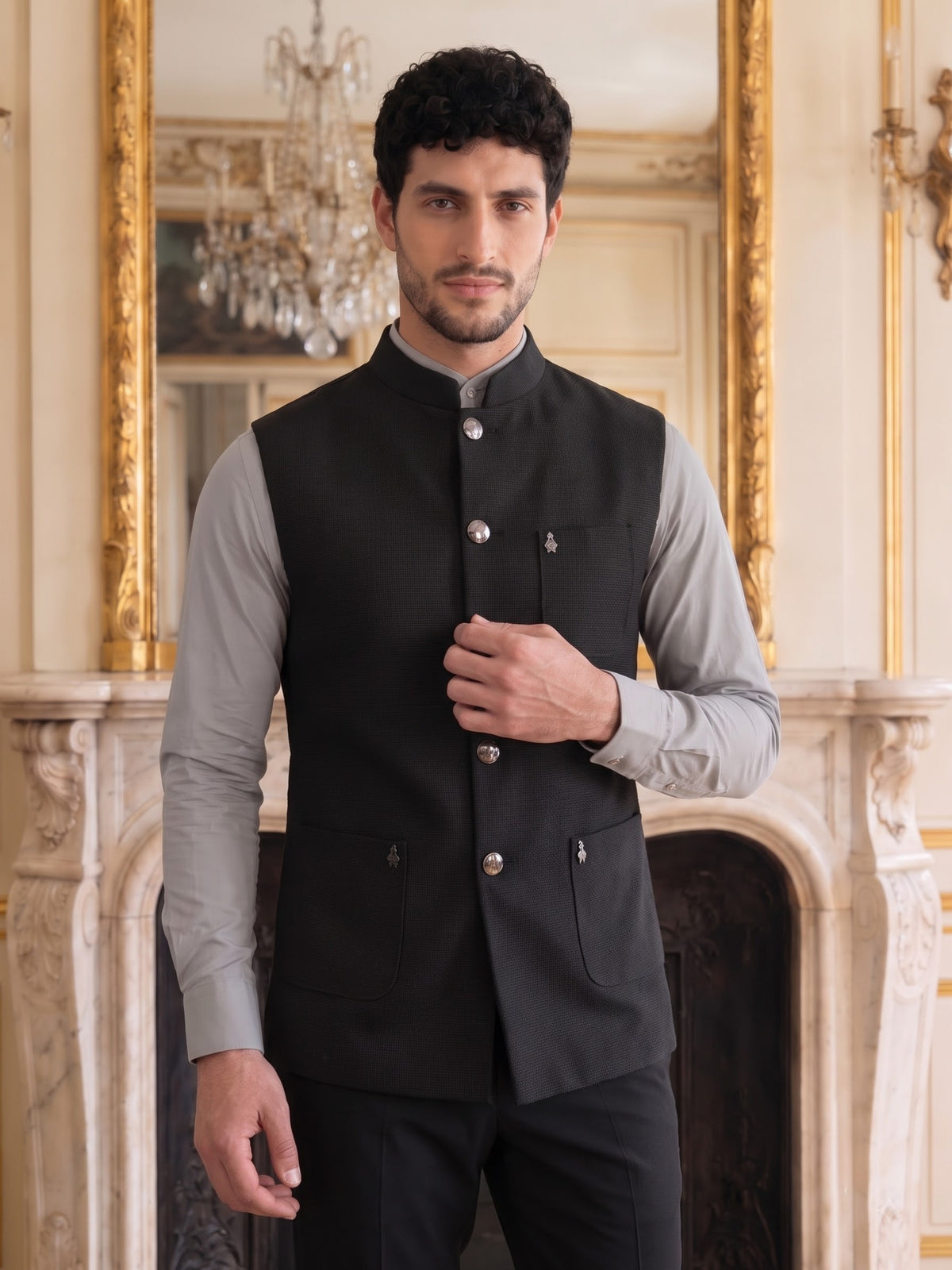 Premium Pebble Knit Bandi Jacket with Patch Pockets