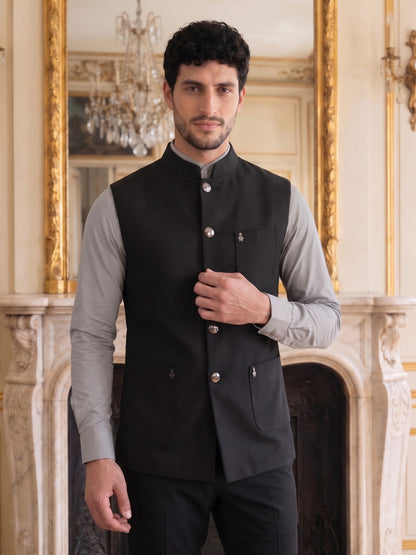 Premium Pebble Knit Bandi Jacket with Patch Pockets