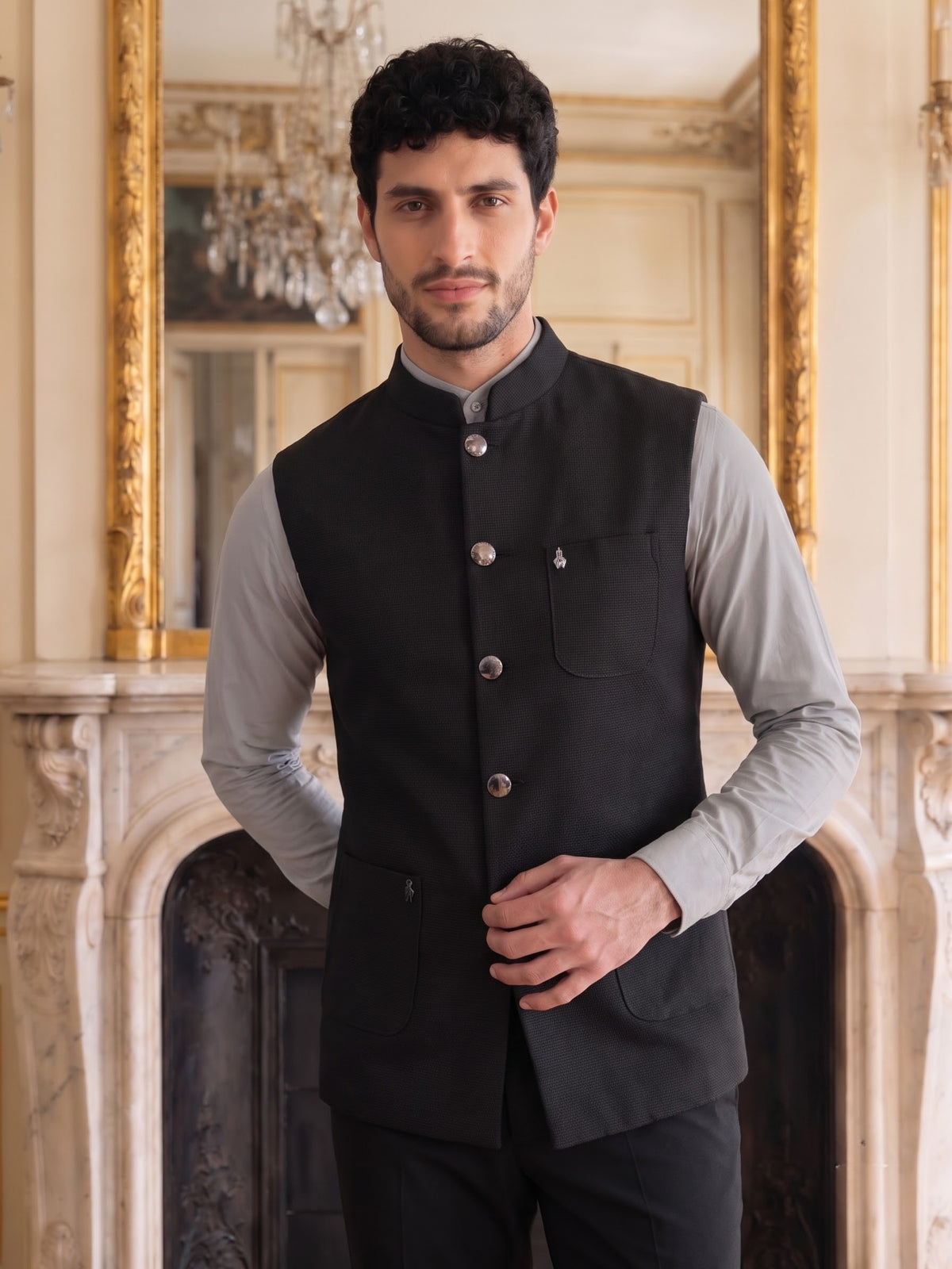 Premium Pebble Knit Bandi Jacket with Patch Pockets
