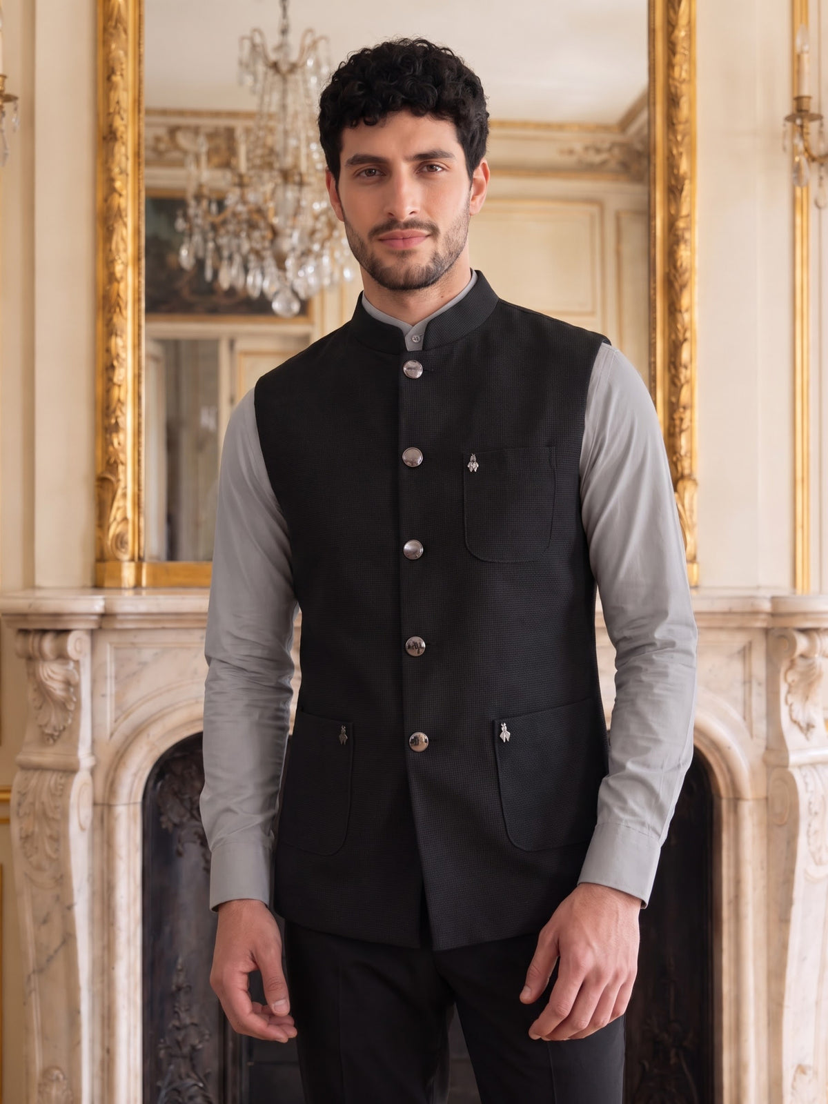 Premium Pebble Knit Bandi Jacket with Patch Pockets
