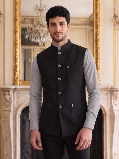 Premium Pebble Knit Bandi Jacket with Patch Pockets