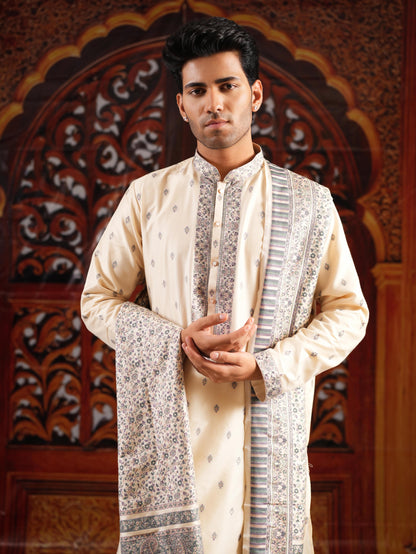 Men’s Beige Jacquard Kurta Set with Dupatta