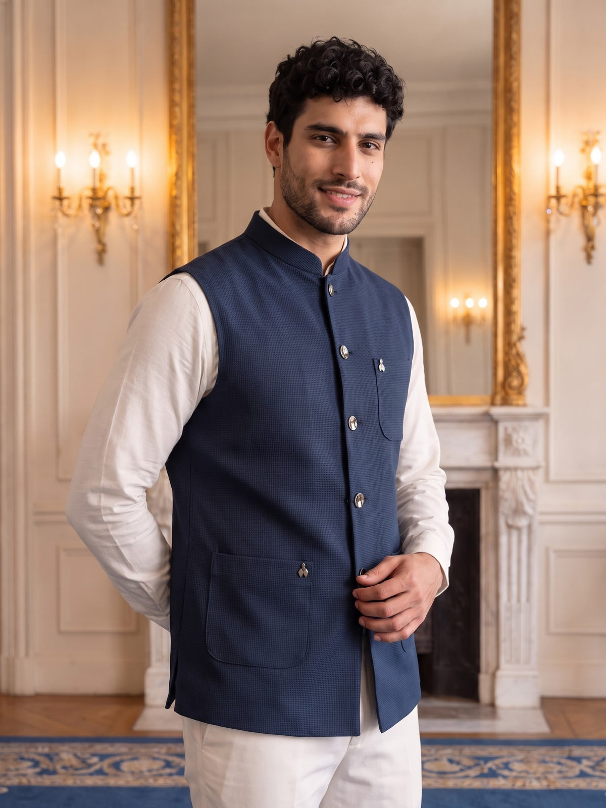 Premium Pebble Knit Bandi Jacket with Patch Pockets