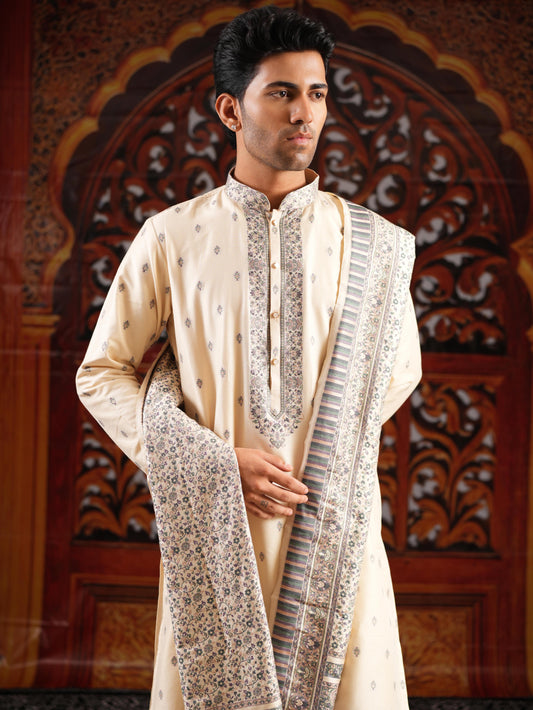 Men’s Beige Jacquard Kurta Set with Dupatta