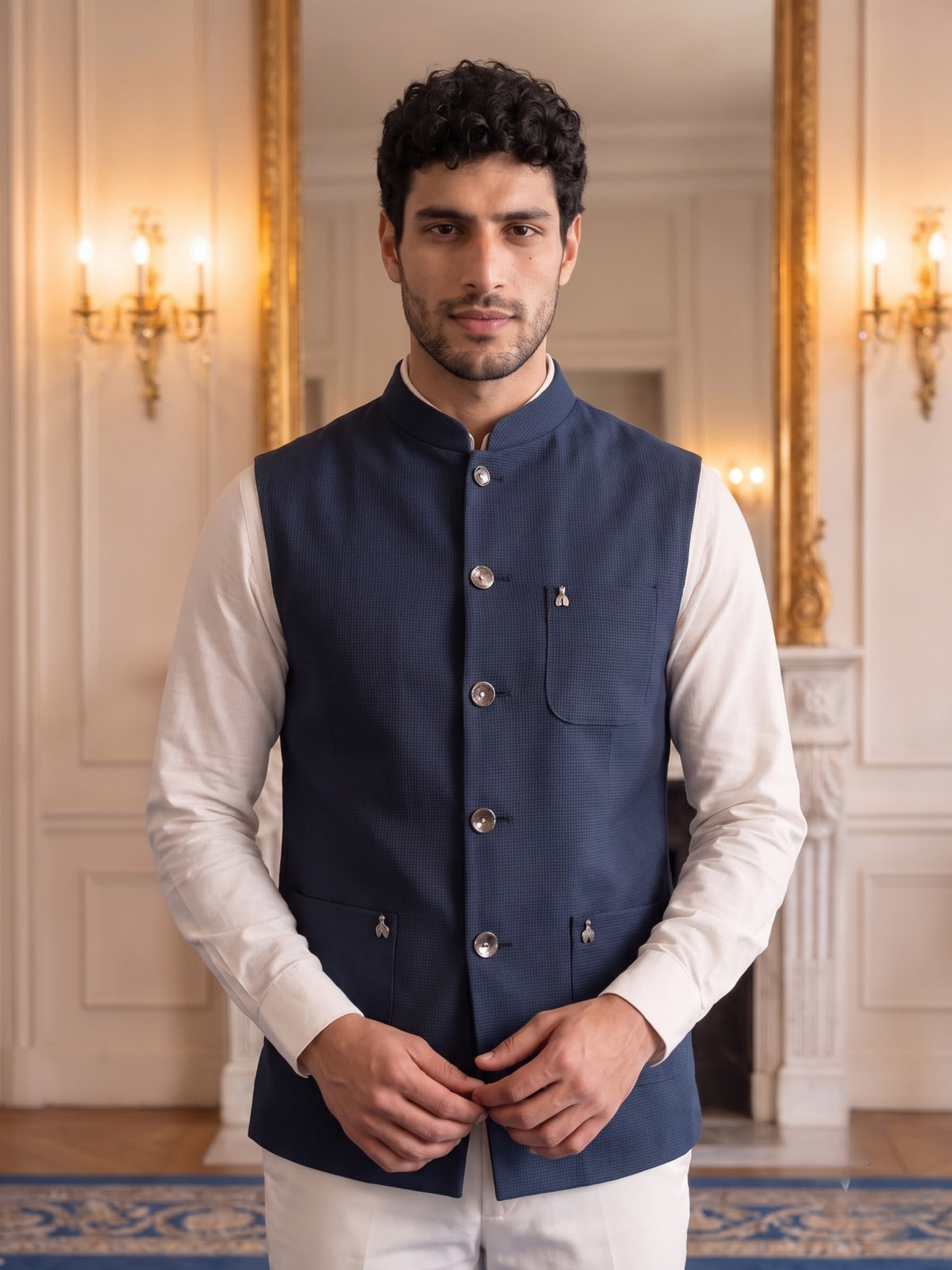 Premium Pebble Knit Bandi Jacket with Patch Pockets