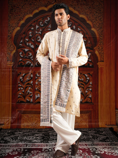 Men’s Beige Jacquard Kurta Set with Dupatta