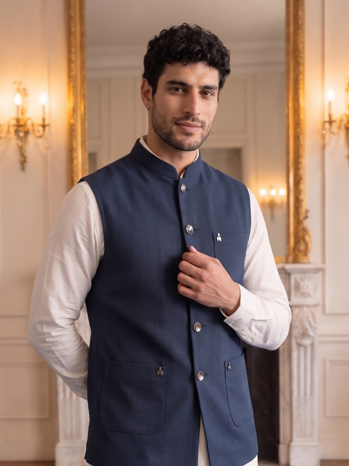 Premium Pebble Knit Bandi Jacket with Patch Pockets
