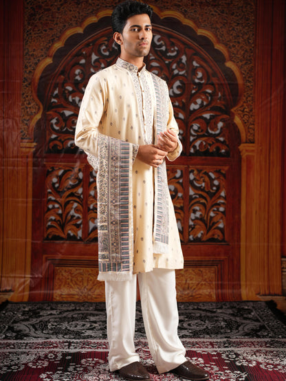 Men’s Beige Jacquard Kurta Set with Dupatta