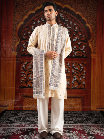 Men’s Beige Jacquard Kurta Set with Dupatta
