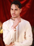 Men's Off-White Silk Kurta Set with Floral Threadwork Embroidery