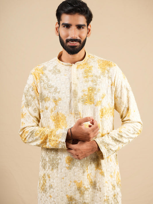 Men's Off White & Yellow Rayon Threadwork Embroidered Kurta Set