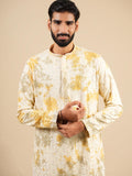 Men's Off White & Yellow Rayon Threadwork Embroidered Kurta Set