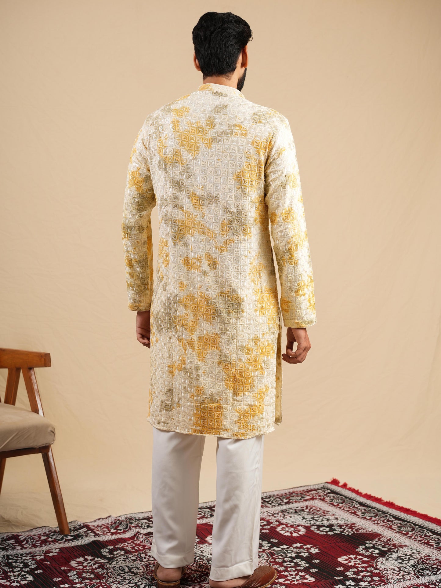 Men's Off White & Yellow Rayon Threadwork Embroidered Kurta Set