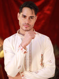 Men's Off-White Silk Kurta Set with Floral Threadwork Embroidery