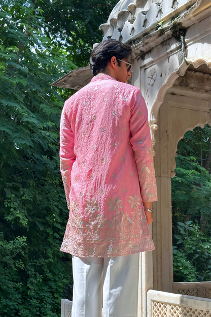 Light Pink Satin Fancy Short Kurta Set with Zari Embroidery