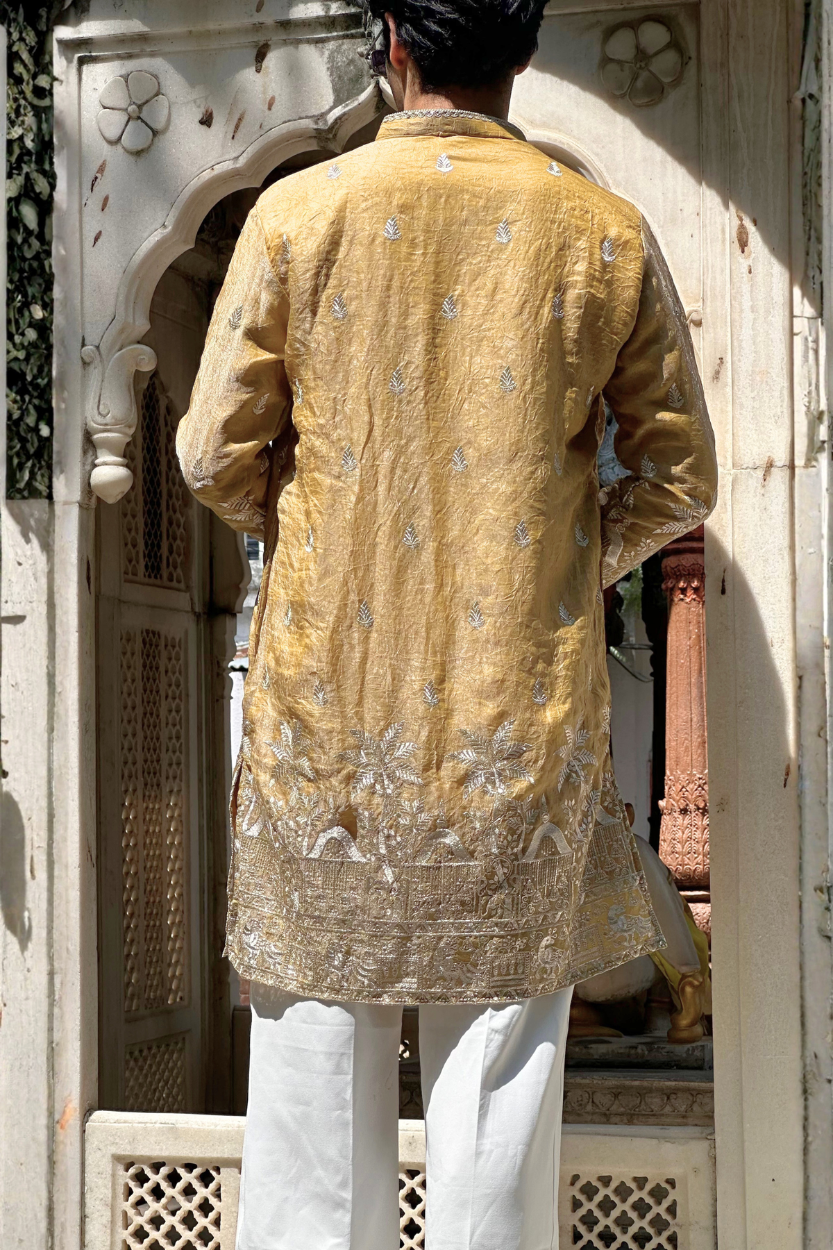 Golden Satin Fancy Short Kurta Set with Zari Embroidery