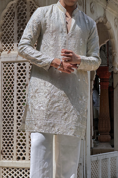 Grey Satin Fancy Short Kurta Set with Zari Embroidery