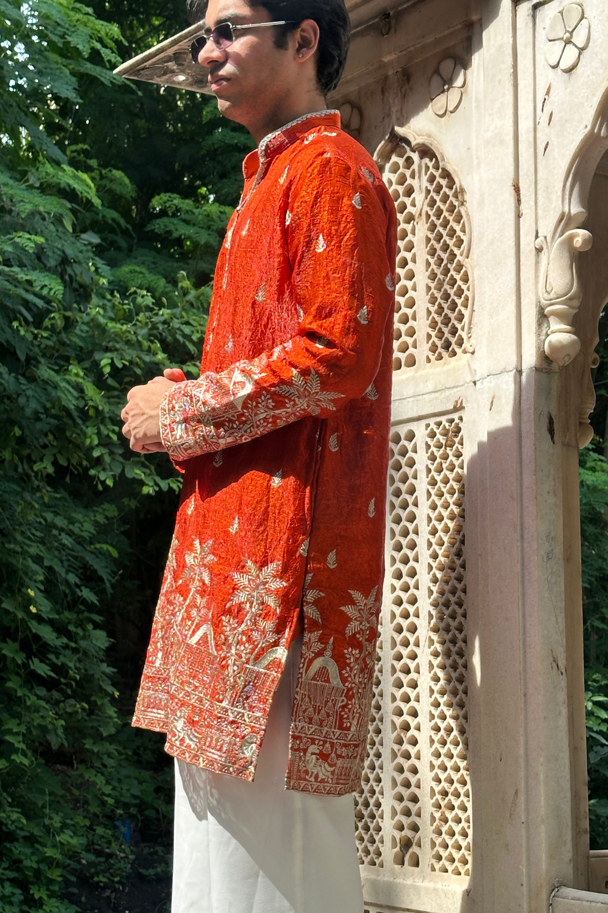 Orange Satin Fancy Short Kurta Set with Zari Embroidery