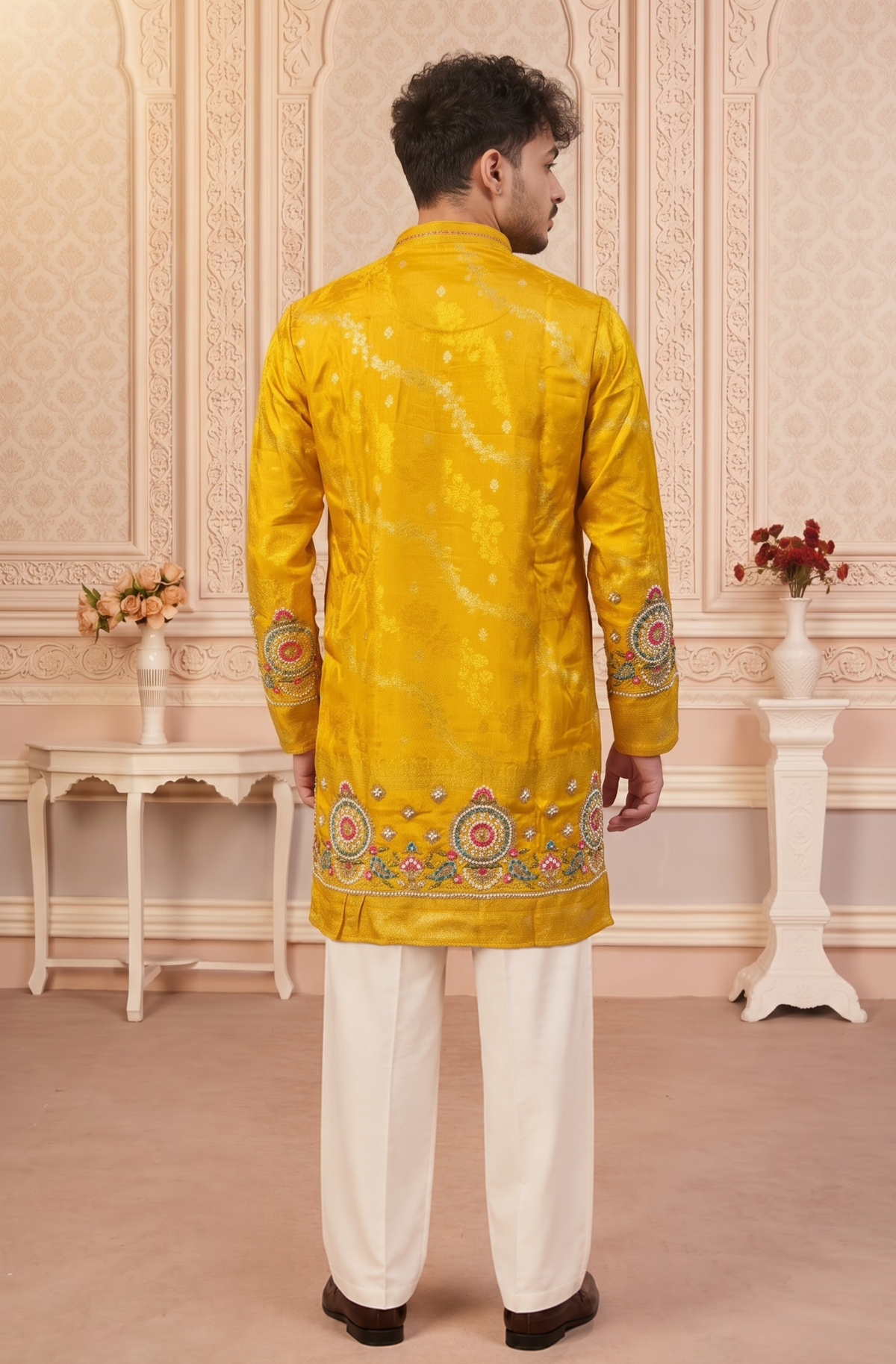 Yellow Jacquard Silk Short Kurta Set with Multicolour Embroidery & Bead Work