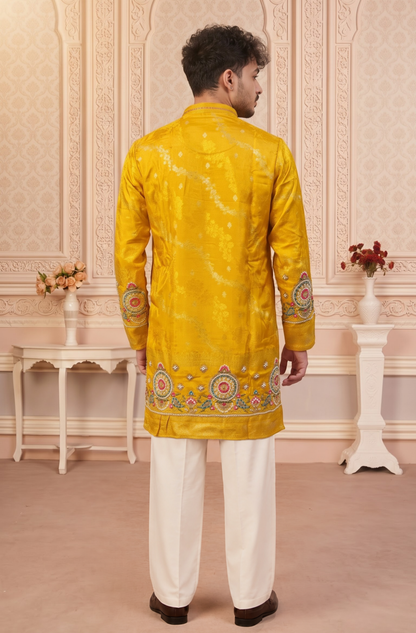 Yellow Jacquard Silk Short Kurta Set with Multicolour Embroidery & Bead Work