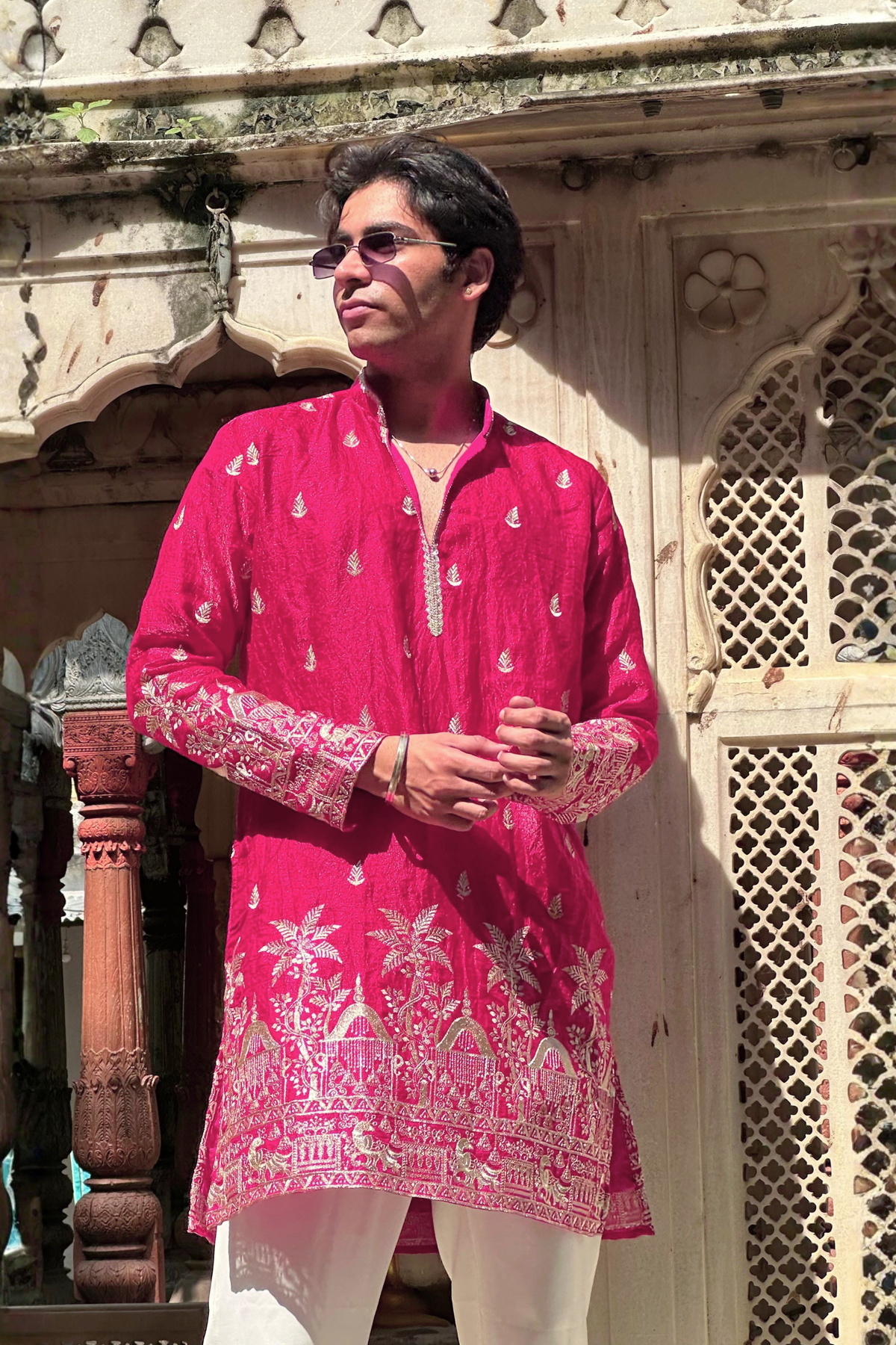 Red Pink Satin Fancy Short Kurta Set with Zari Embroidery