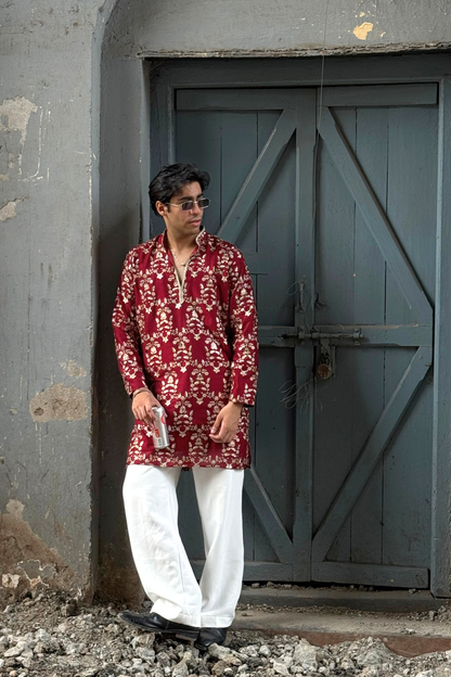 Rust Maroon Silk Base Short Kurta Set with Jari Embroidery