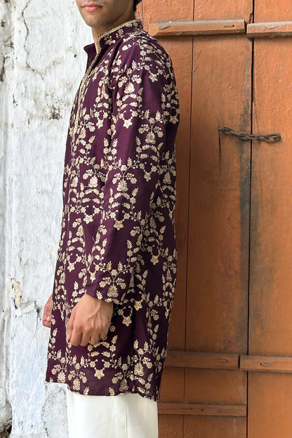 Rust Maroon Silk Base Short Kurta Set with Jari Embroidery
