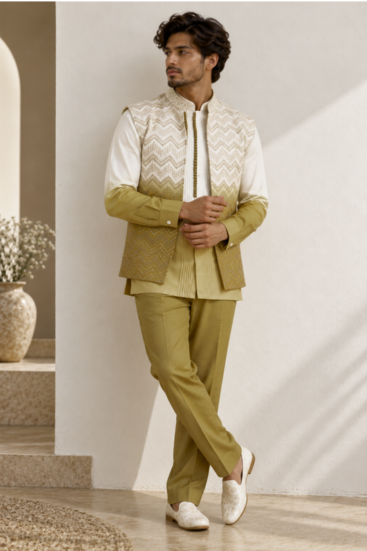 Ivory Olive Gold Georgette Bandi Jacket Kurta Set with Thread Embroidery and Sequins