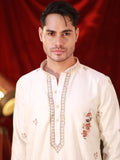 Men's Off-White Silk Kurta Set with Floral Threadwork Embroidery