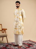 Men's Off White & Yellow Rayon Threadwork Embroidered Kurta Set