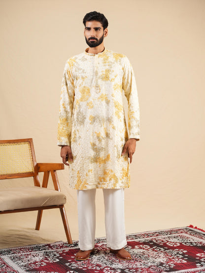 Men's Off White & Yellow Rayon Threadwork Embroidered Kurta Set