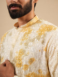 Men's Off White & Yellow Rayon Threadwork Embroidered Kurta Set