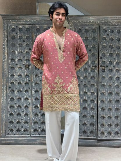 Dusty Rose Crush Tissue Short Kurta Set with Embroidery and Sequins