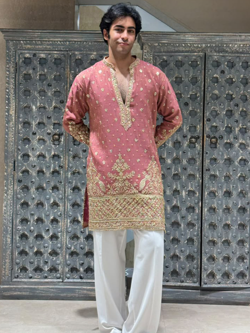Dusty Rose Crush Tissue Short Kurta Set with Embroidery and Sequins