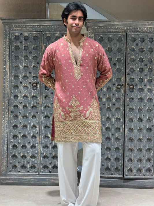 Dusty Rose Crush Tissue Short Kurta Set with Embroidery and Sequins