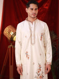 Men's Off-White Silk Kurta Set with Floral Threadwork Embroidery