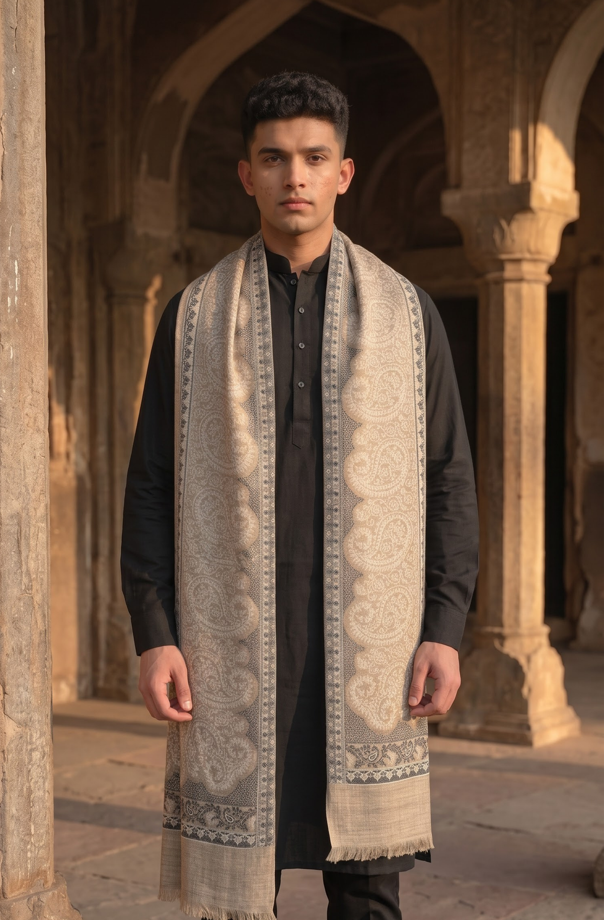 Tusser and Black Pashmina Jacquard Dupatta