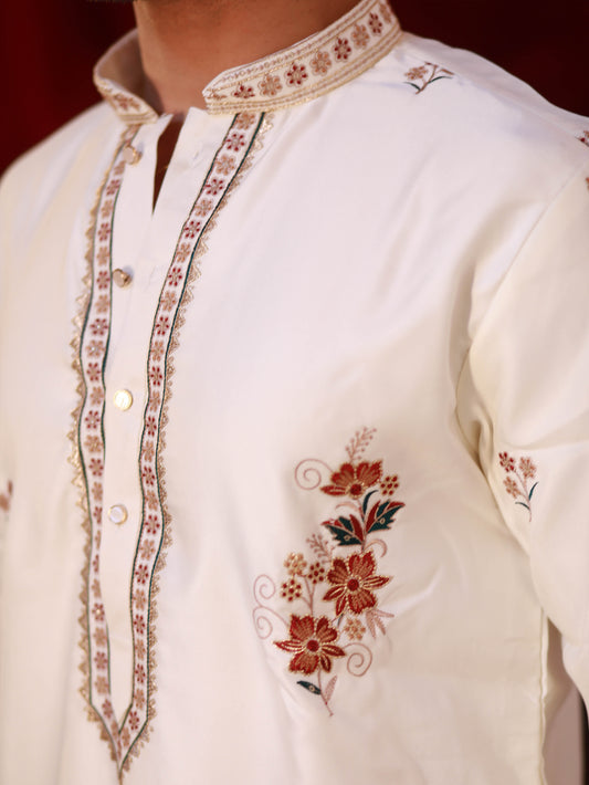 Men's Off-White Silk Kurta Set with Floral Threadwork Embroidery