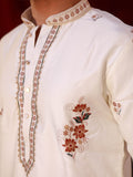 Men's Off-White Silk Kurta Set with Floral Threadwork Embroidery