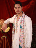 Men's White Linen Satin Kurta Set with Multicolour Embroidery & Georgette Dupatta