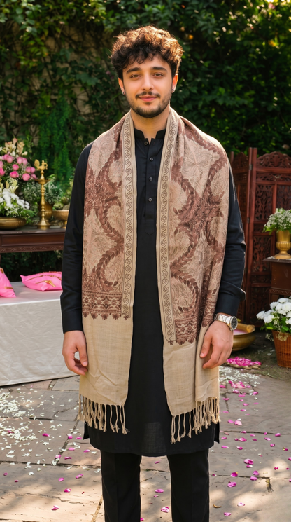 Cream Pashmina Jacquard Dupatta with Embroidery