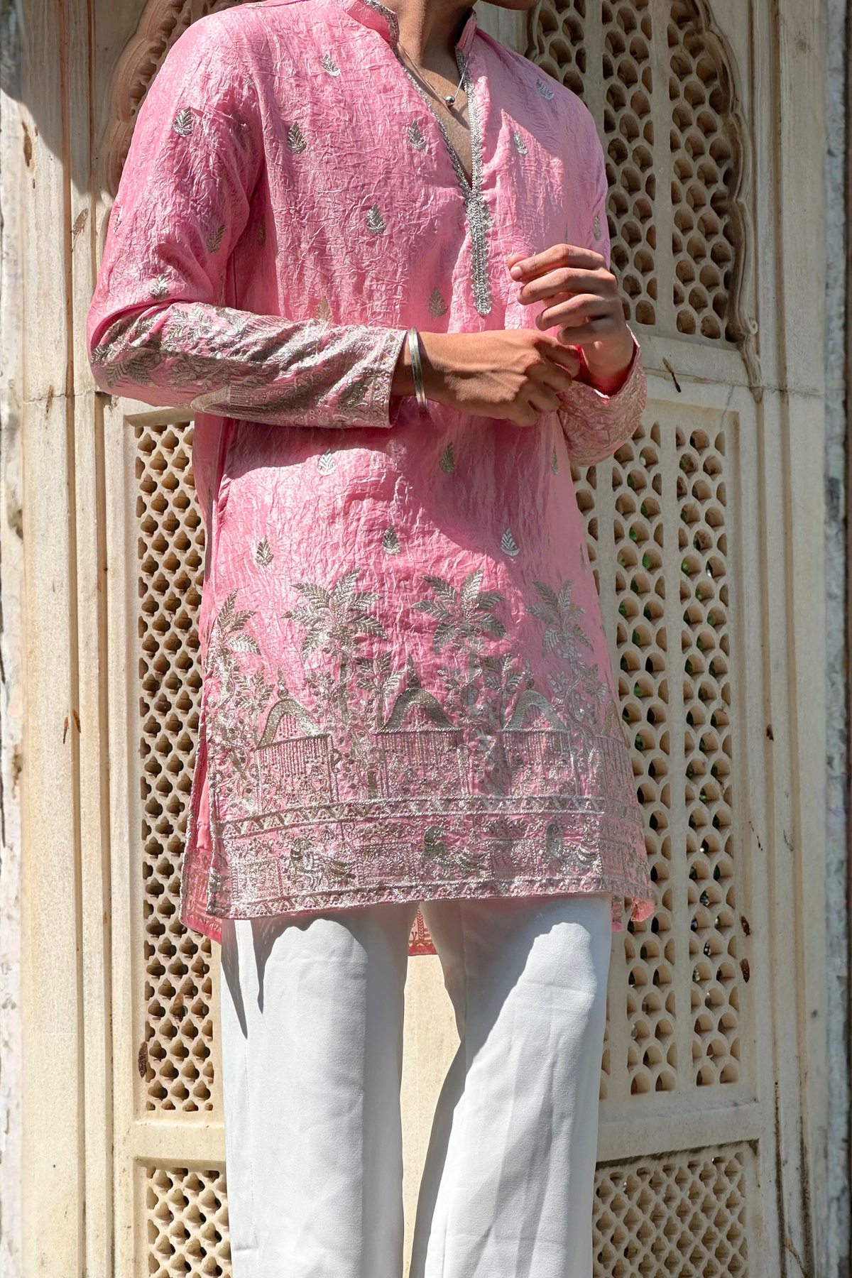Light Pink Satin Fancy Short Kurta Set with Zari Embroidery