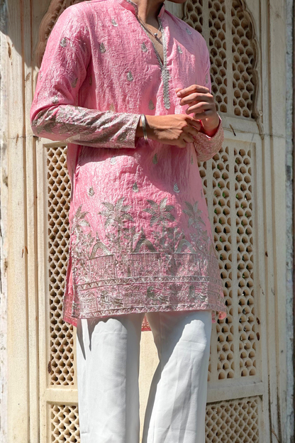 Light Pink Satin Fancy Short Kurta Set with Zari Embroidery