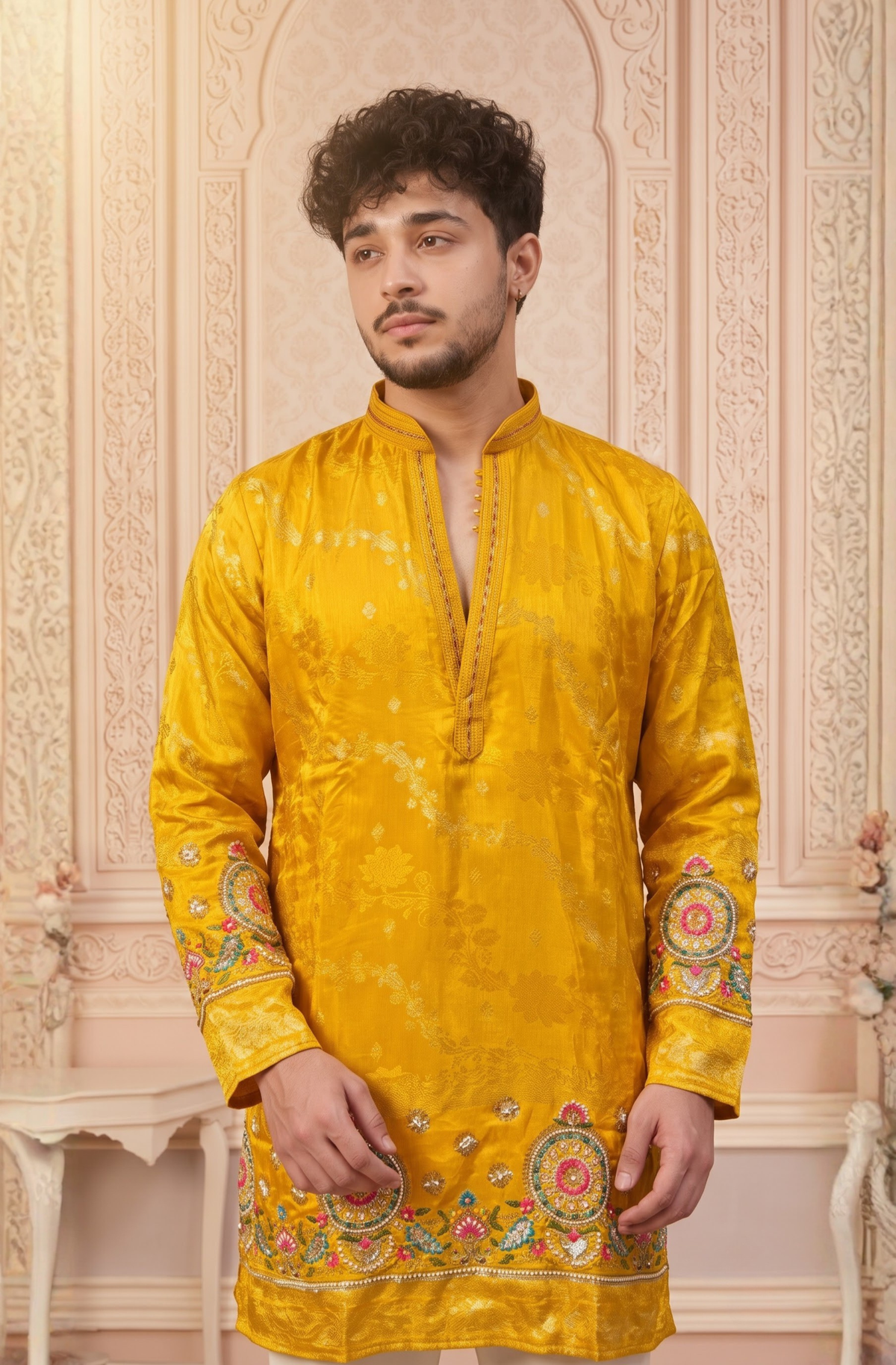 Yellow Jacquard Silk Short Kurta Set with Multicolour Embroidery & Bead Work