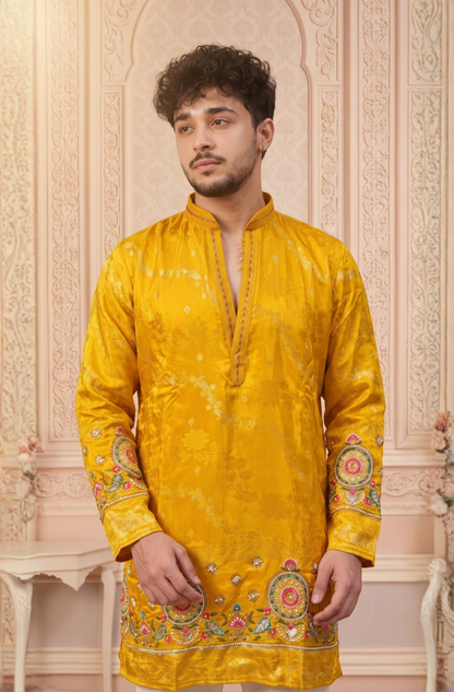 Yellow Jacquard Silk Short Kurta Set with Multicolour Embroidery & Bead Work